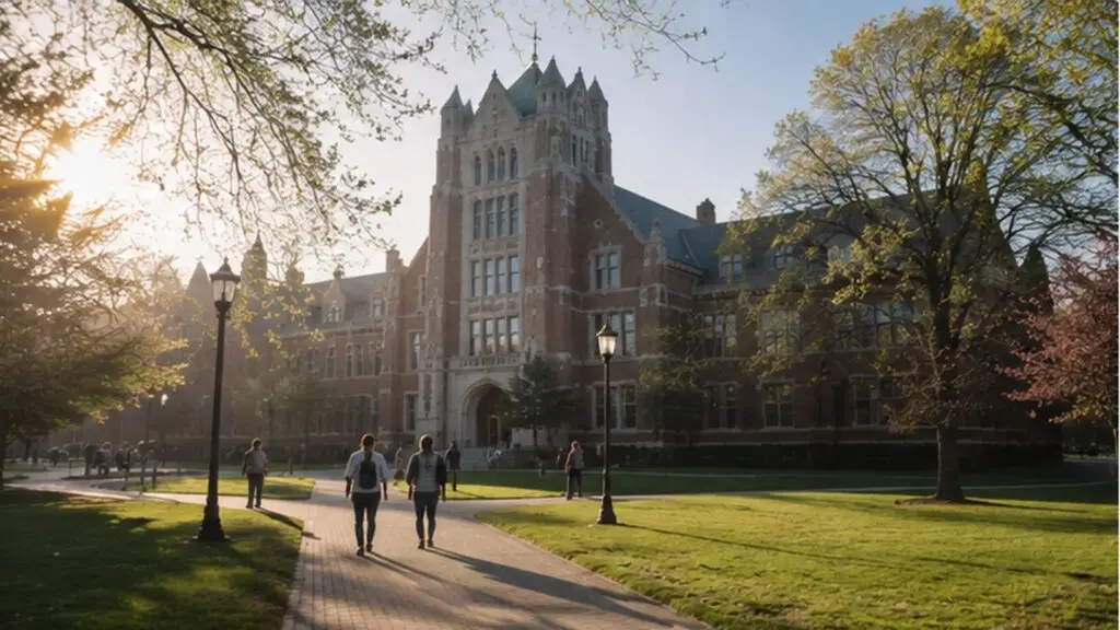 Students cross the main quad of the University of Meridale on a bright summer morning.