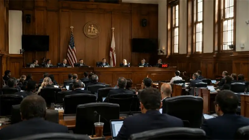 A panel takes evidence in a wood-panelled hearing room before a full public gallery.