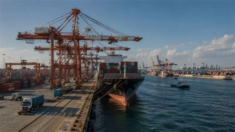 Cranes load a container ship at Port Halvern's deep-water terminal.