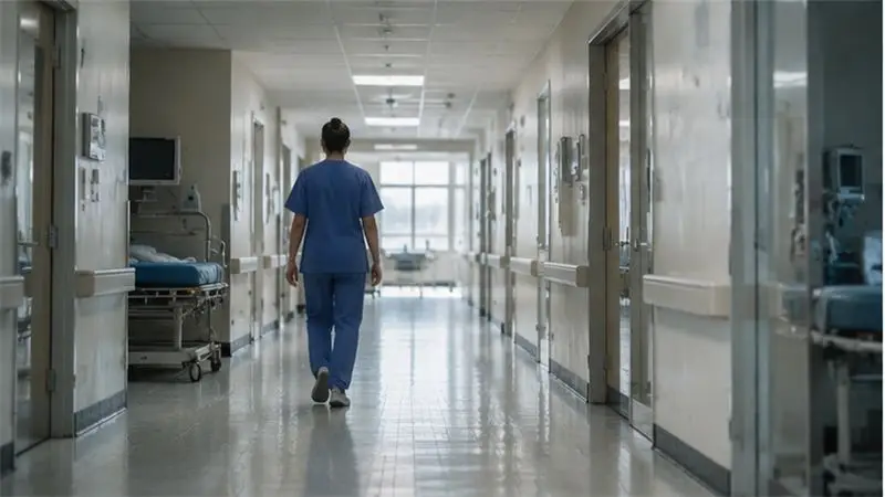 A corridor at Meridale General Hospital at midday.