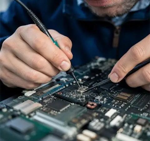 A technician tests a circuit board with a multimeter probe.