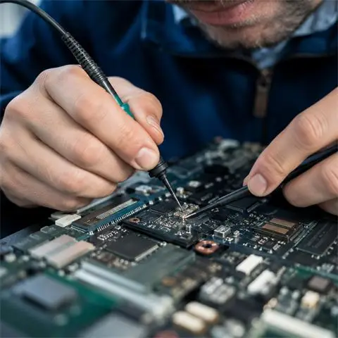 A technician tests a circuit board with a multimeter probe.