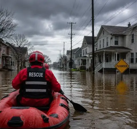 A rescue worker paddles an inflatable boat along a flooded residential street.
