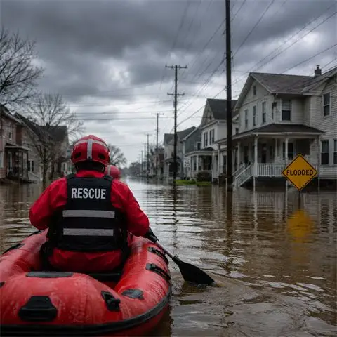 A rescue worker paddles an inflatable boat along a flooded residential street.
