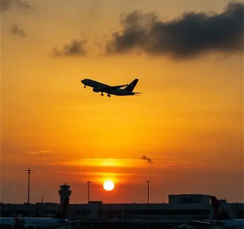 Travellers queue at airport departures at dusk.