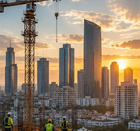 Cranes rise above a construction site at sunset.