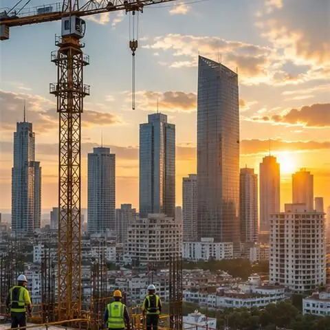 Cranes rise above a construction site at sunset.