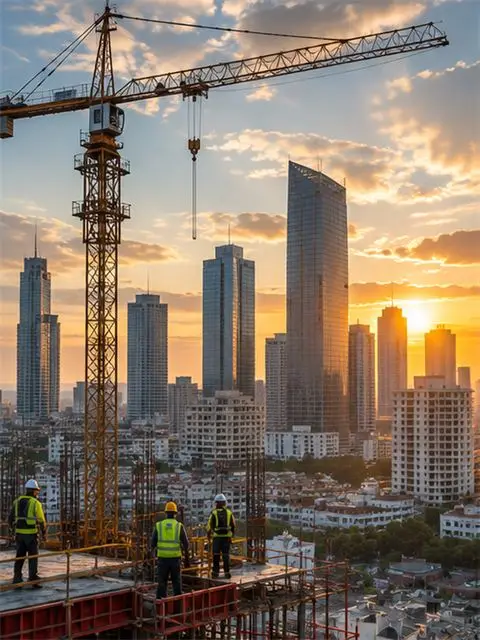 Cranes rise above a construction site at sunset.