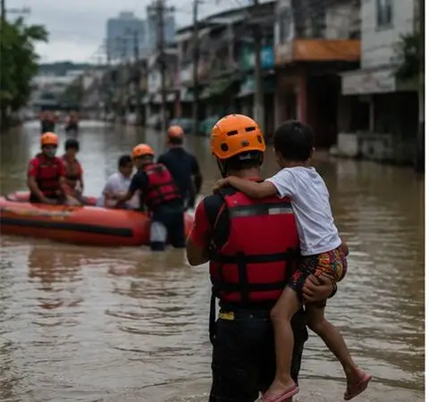 Emergency responders in high-visibility gear launch an inflatable rescue boat.