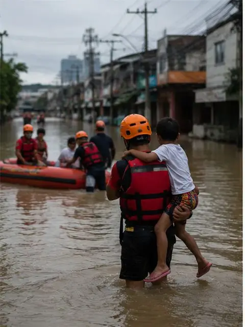 Emergency responders in high-visibility gear launch an inflatable rescue boat.