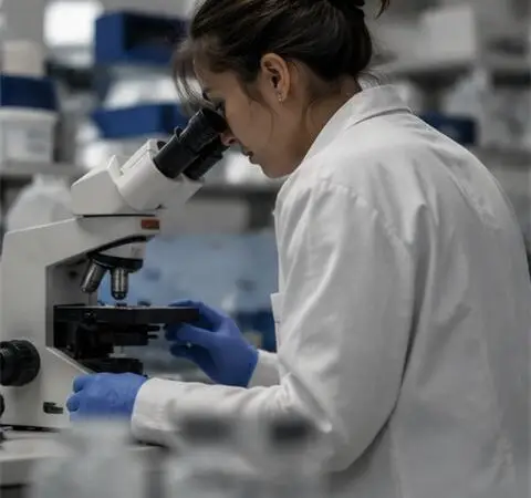 A researcher works at a microscope in a laboratory.