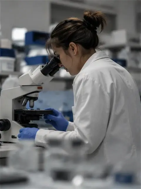 A researcher works at a microscope in a laboratory.