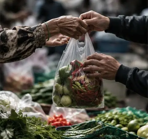 A market vendor's hands arrange fresh produce on a stall.