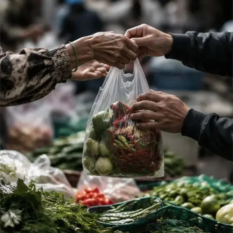A market vendor's hands arrange fresh produce on a stall.