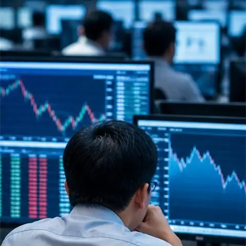 A financial analyst monitors markets across multiple screens.