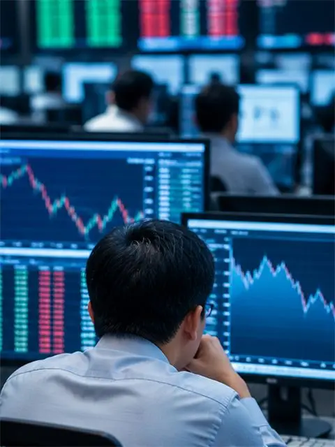 A financial analyst monitors markets across multiple screens.