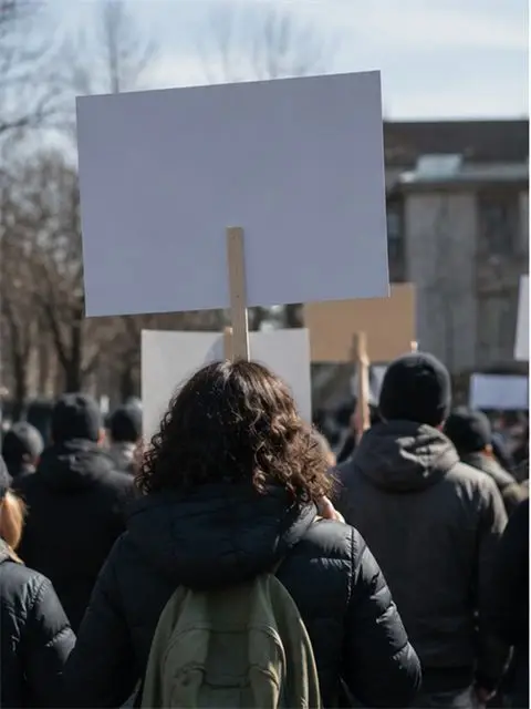 Demonstrators hold placards at an outdoor rally, seen from behind.