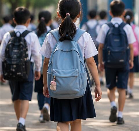 Pupils arrive at a school entrance in the morning.