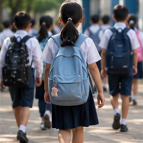 Pupils arrive at a school entrance in the morning.