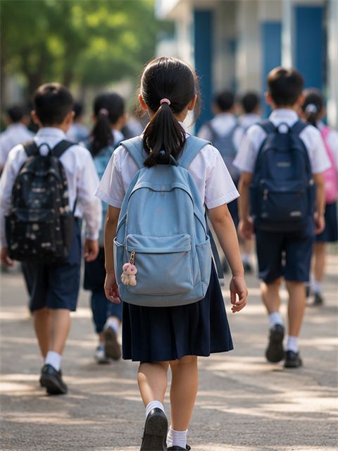 Pupils arrive at a school entrance in the morning.