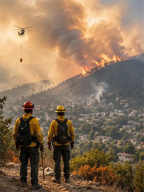 Firefighters work a smouldering ridge line.