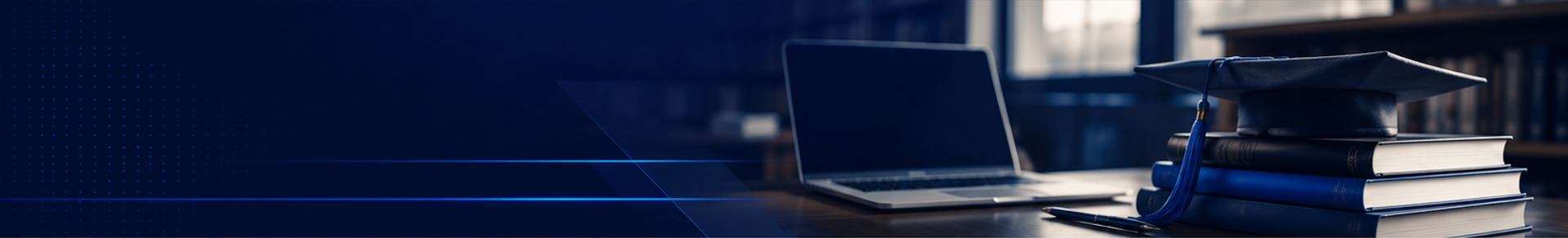 A laptop and graduation cap on a library desk.
