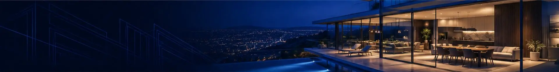 A glass villa lit at night above a city bay.